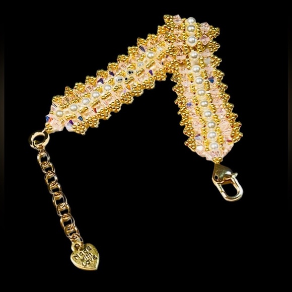 Pearl and crystal woven “pretty in pink” prom party cocktail bracelet adjustabl - Picture 1 of 7